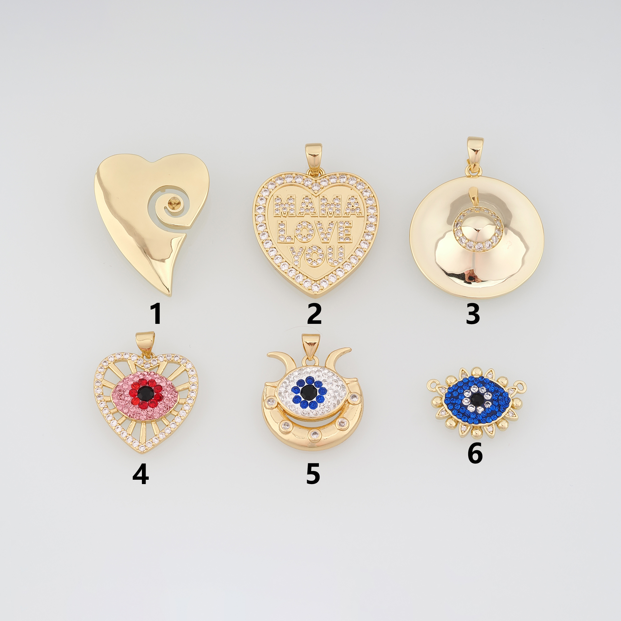 18K Gold Filled Heart Pendant,CZ Micro Pave Evil Eye Charm Earrings Necklace for DIY Jewelry Making Supply