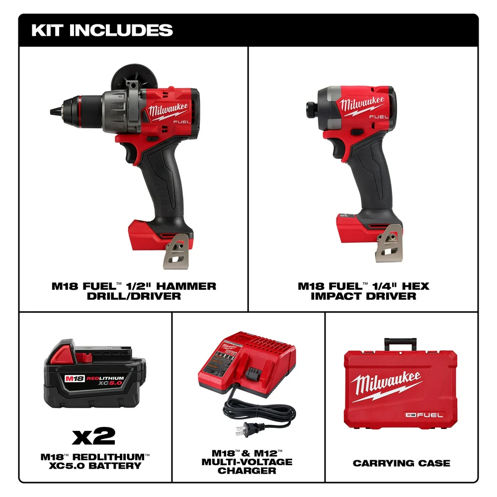 2026 Milwaukee 3697-22 M18 FUEL 18V Cordless 2-Tool Combo Kit w/ 5.0AH Batteries