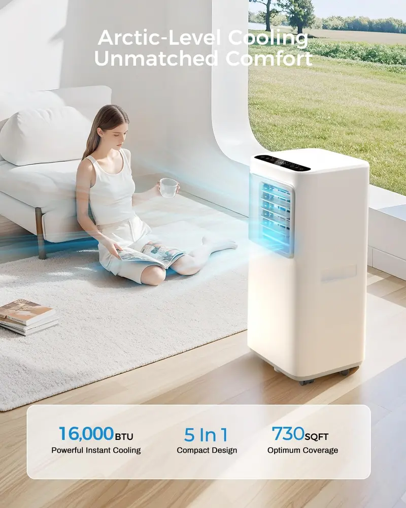 Smart 5-in-1 Portable AC Unit – 16,000 BTU WiFi-Enabled Air Conditioner with Dehumidifier, Fan, Heater & App Control for Large Rooms
