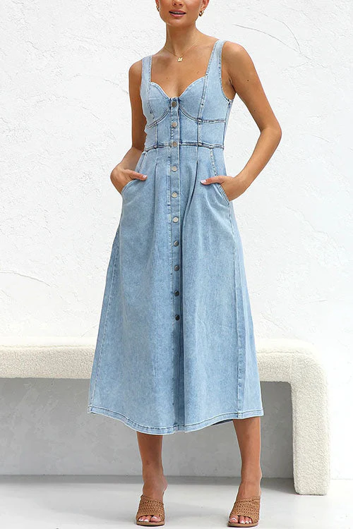 Distressed Denim Midi Dress with PocketsClistos