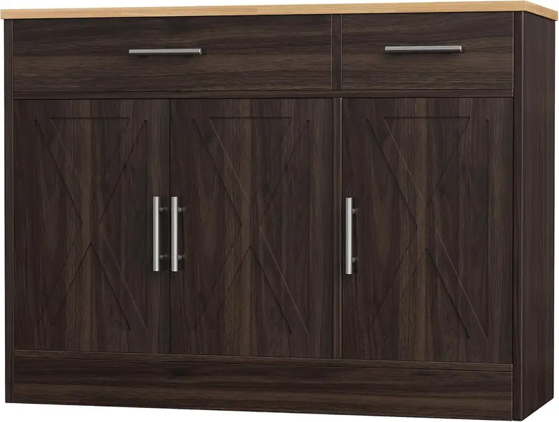 Shintenchi Farmhouse Sideboard Buffet Cabinet – Three-Door Living or Dining Room Storage