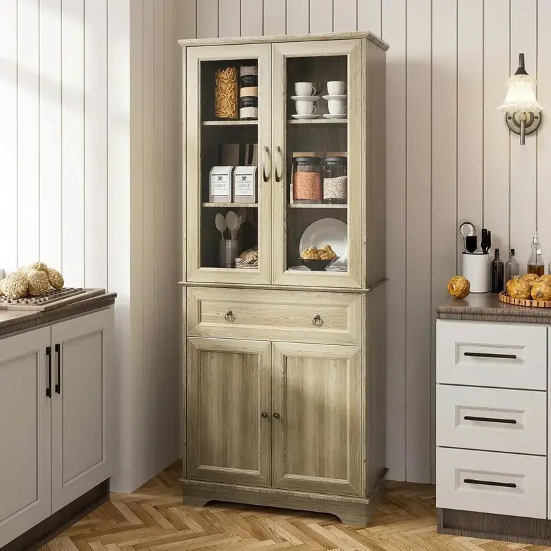 Tall 71-Inch Kitchen Hutch Pantry – Glass-Front Storage Cabinet for Dining or Living Areas