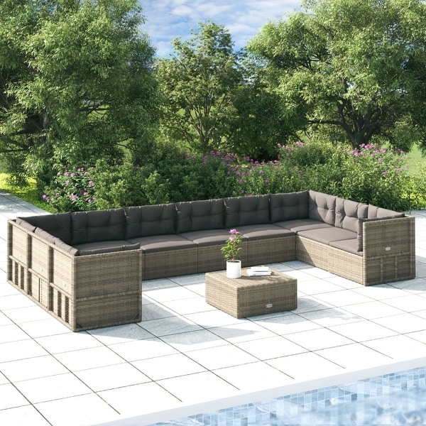 vidaXL 9 Piece Patio Lounge Set with Cushions Gray Poly Rattan