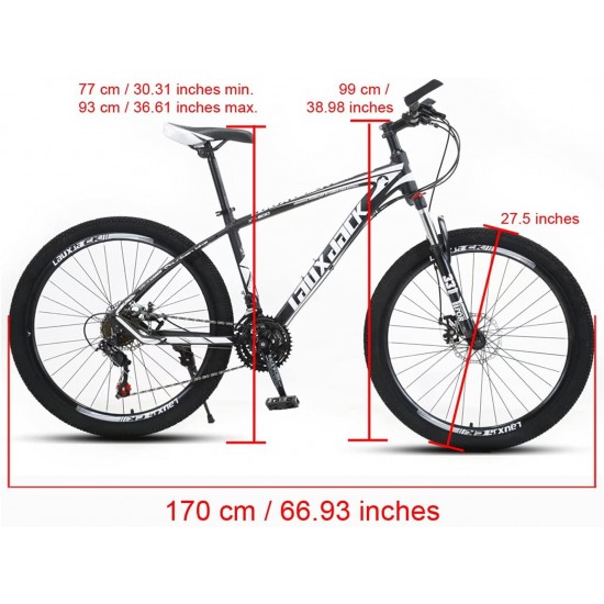Mens Mountain Bike 27.5-Inch Wheels, Alumiunm Frame, 21 Speed Thumb Shifter, Front Suspension, Dual Disc Brakes Women Adult Bicycles White-Black w/mudguards, Bike Lock, Air Pump