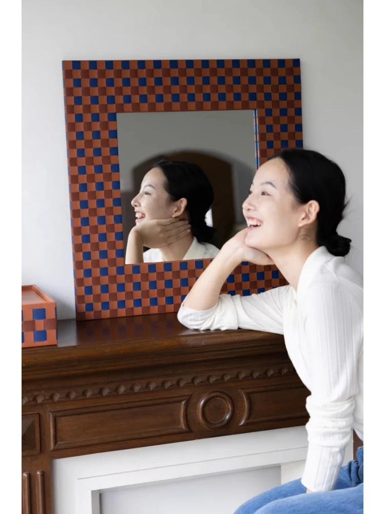 DZ020 - Herm@s Iris Blue Gold Brown BV Weave Checkerboard Half-Length Mirror Dressing Room High-Definition Vanity Mirror