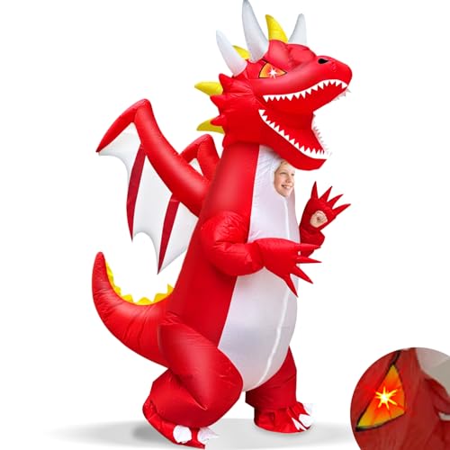 Halloween Red Dragon Inflatable Costume for Kids, Blow Up Full Body Costume Inflatable with 2 LED Red Eyes and Visible Face for Halloween Cosplay Party
