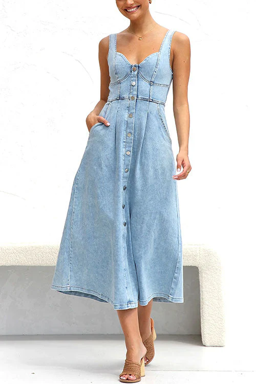 Distressed Denim Midi Dress with PocketsClistos