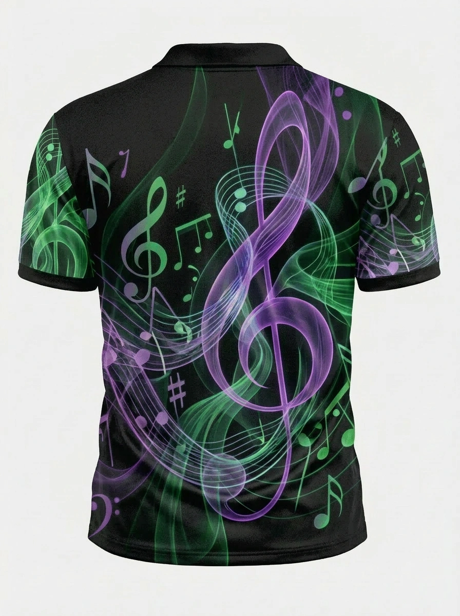 Moisture Wicking Golf Polo 3D Black Green Purple Music Note Button Short Sleeve Golf Polo Shirt