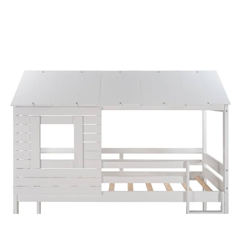 [Pre-Sale]Twin Over Twin Solid Wood Loft Bed,Bunk Bed with Roof,Window,Guardrail and Ladder - Antique White