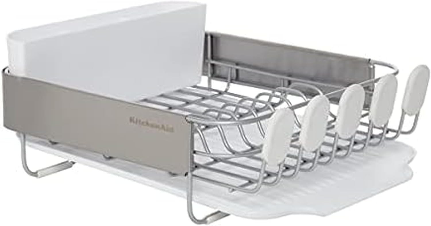 16.06 Inch Compact Stainless Steel Dish Rack Rust Resistant with Drainboard & Flatware Caddy White
