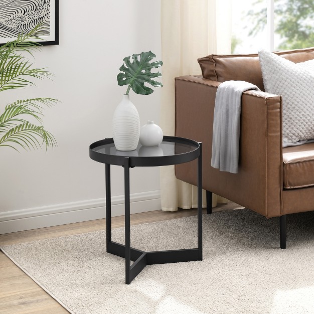 Modern Minimalist Tray Top Round Glass Side Table Black Saracina Home