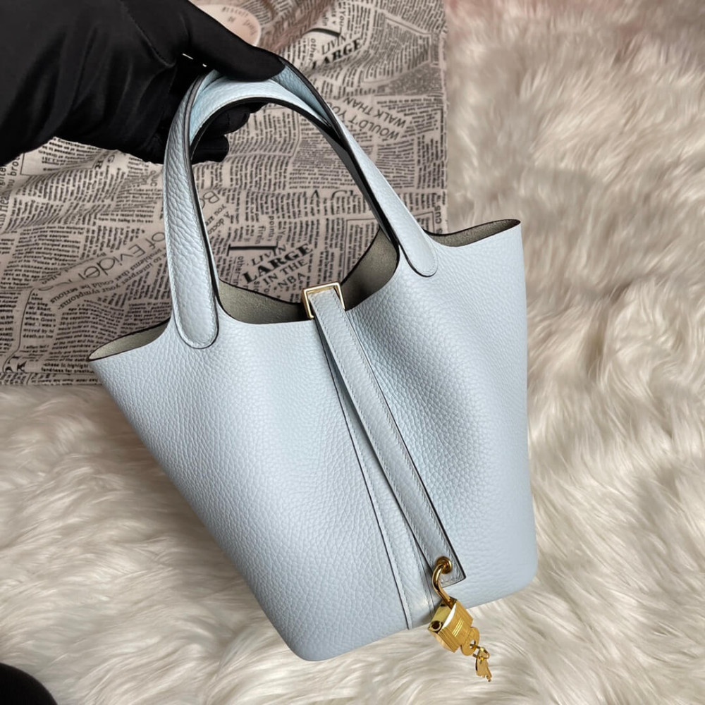Hermes Picotin Lock Bag In Taurillon Clemence Bleu Pale 22Cm