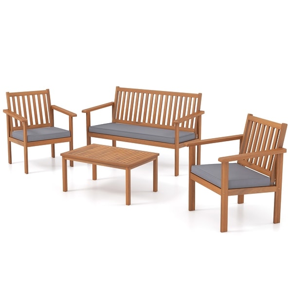Gymax 4PCS Wood Furniture Set w/ Loveseat 2 Chairs and Coffee Table for
