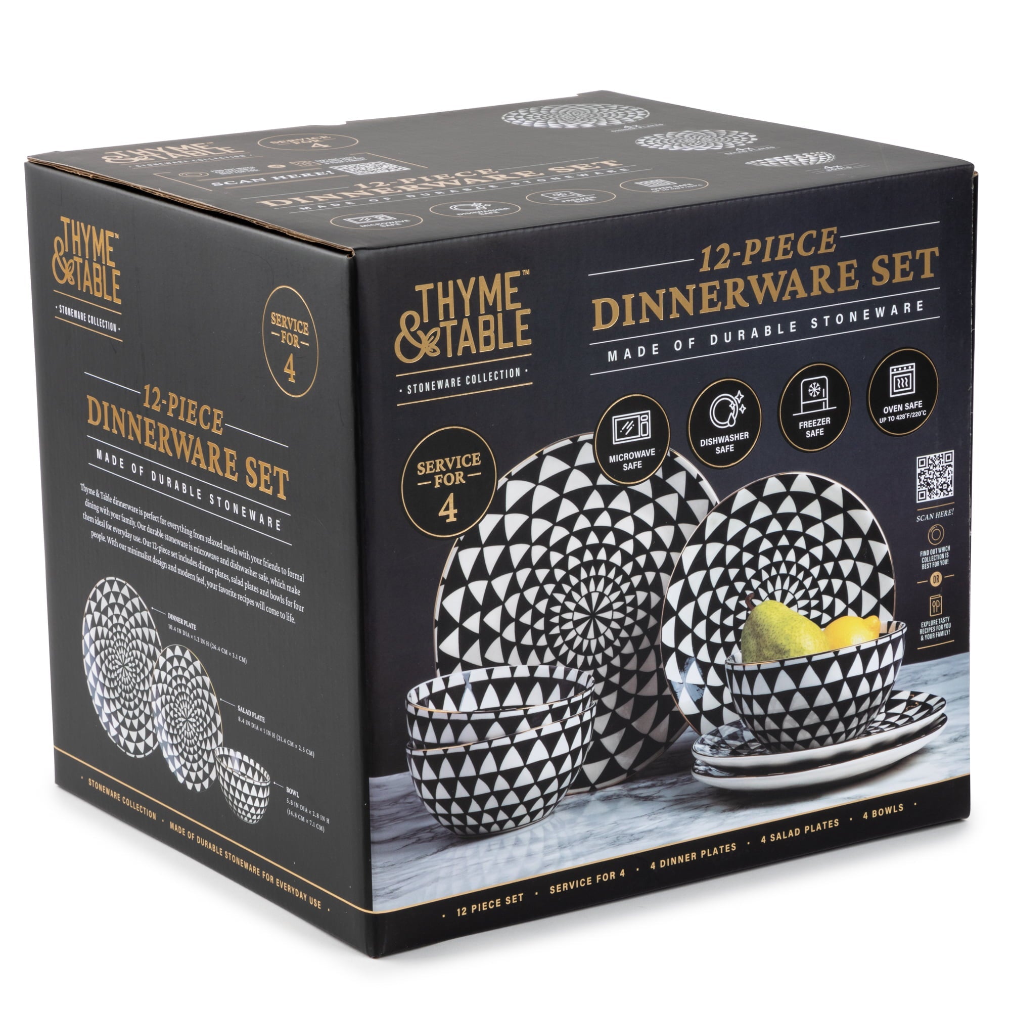Thyme and Table Dinnerware Black and White Medallion Stoneware, 12 Piece Set