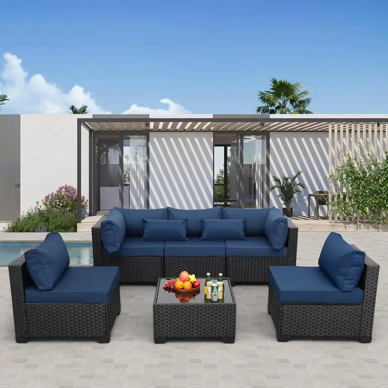 Rattaner 6-Piece All-Weather Sectional Set – Non-Slip Cushioned Wicker Patio Sofa with Glass Table & Protective Cover (Khaki)
