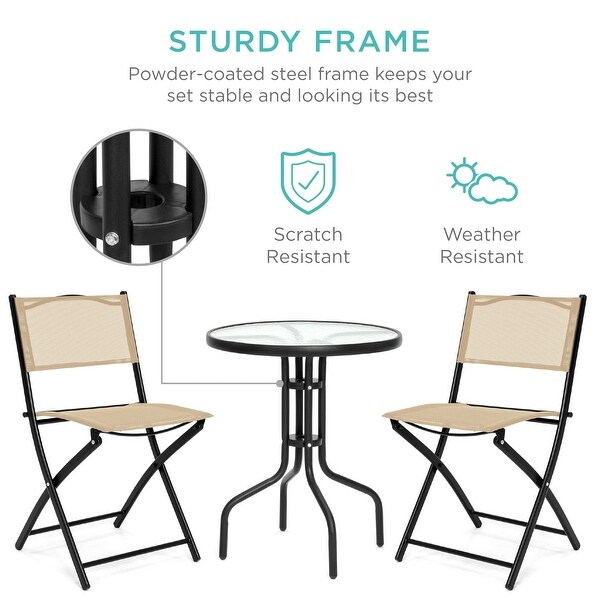 3Piece Patio Bistro Dining Furniture Set w/Textured Glass Tabletop,2 Folding Chairs,Steel Frame,Polyester Fabric