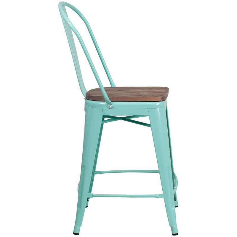 24x22 High Metal Counter Height Stool with Back and Wood Seat Mint Green