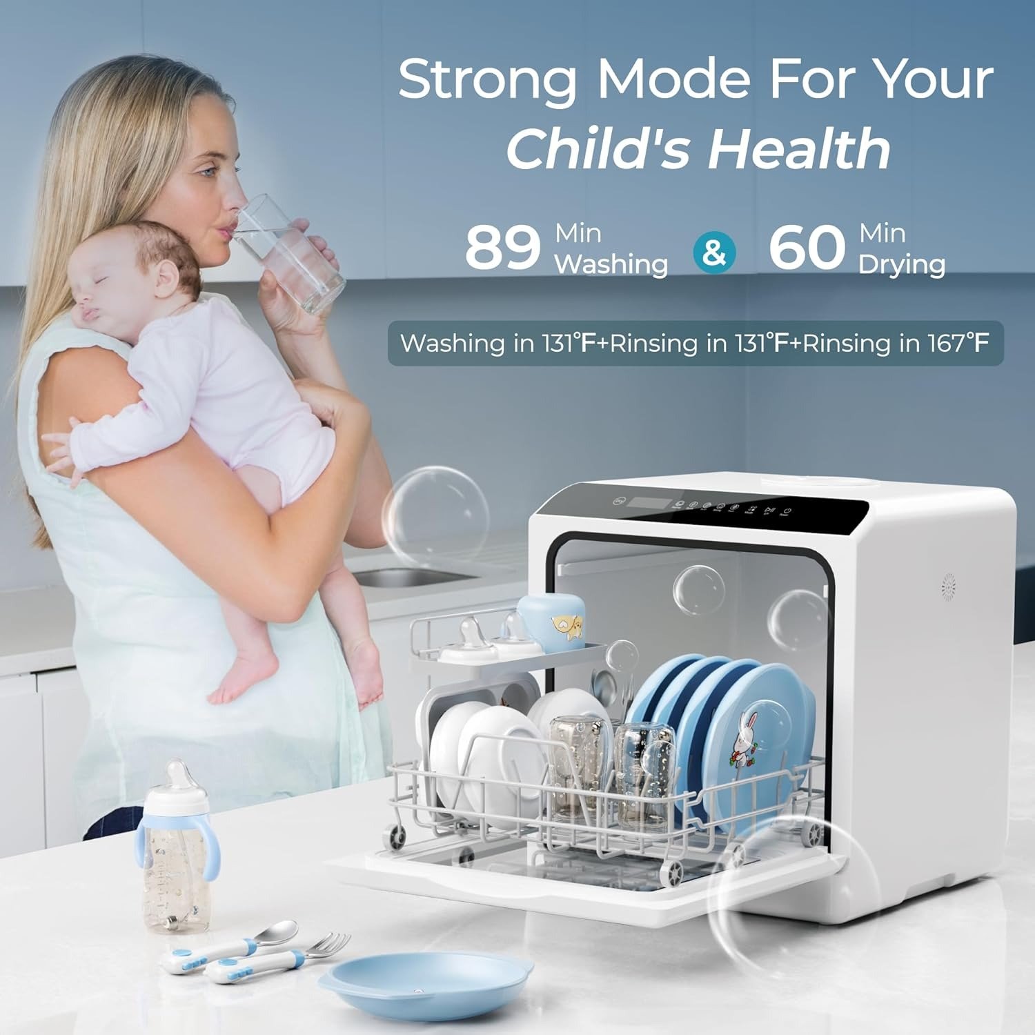 Countertop Dishwasher Portable with 6 Programs, 5L Built-in Water Tank for Apartments & RV, 167°F High-Temp, No Hookup Needed, Mini Dishwasher with Baby Care, Air Dry/Quick/ECO/Fruit/Normal Mode