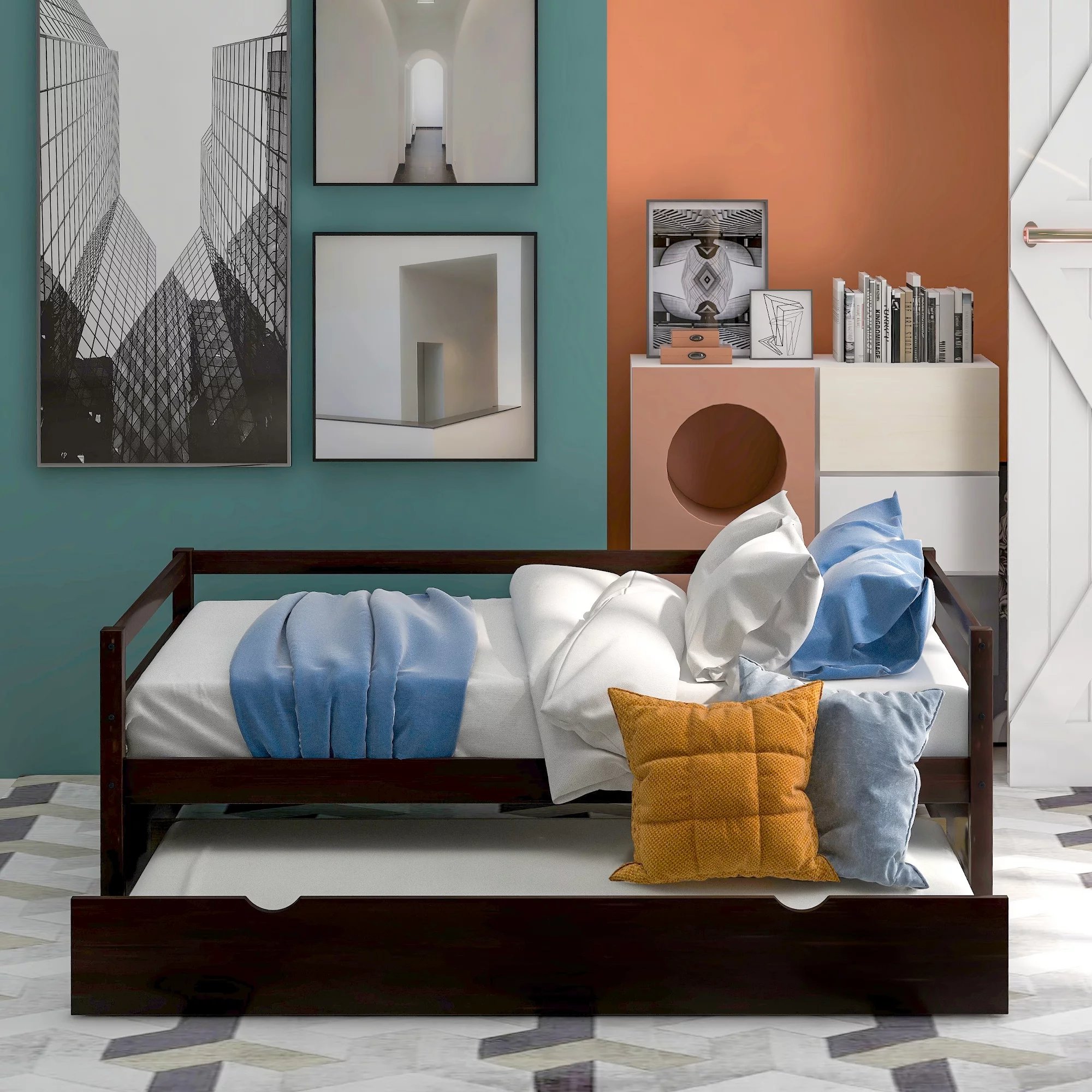 Modern Pull Out Double Bed Sofa Bed with Roller Shelf Convertible Folding Couch and Couch Bed Wooden Slat Support Combination Suitable for Living Room Children Guests