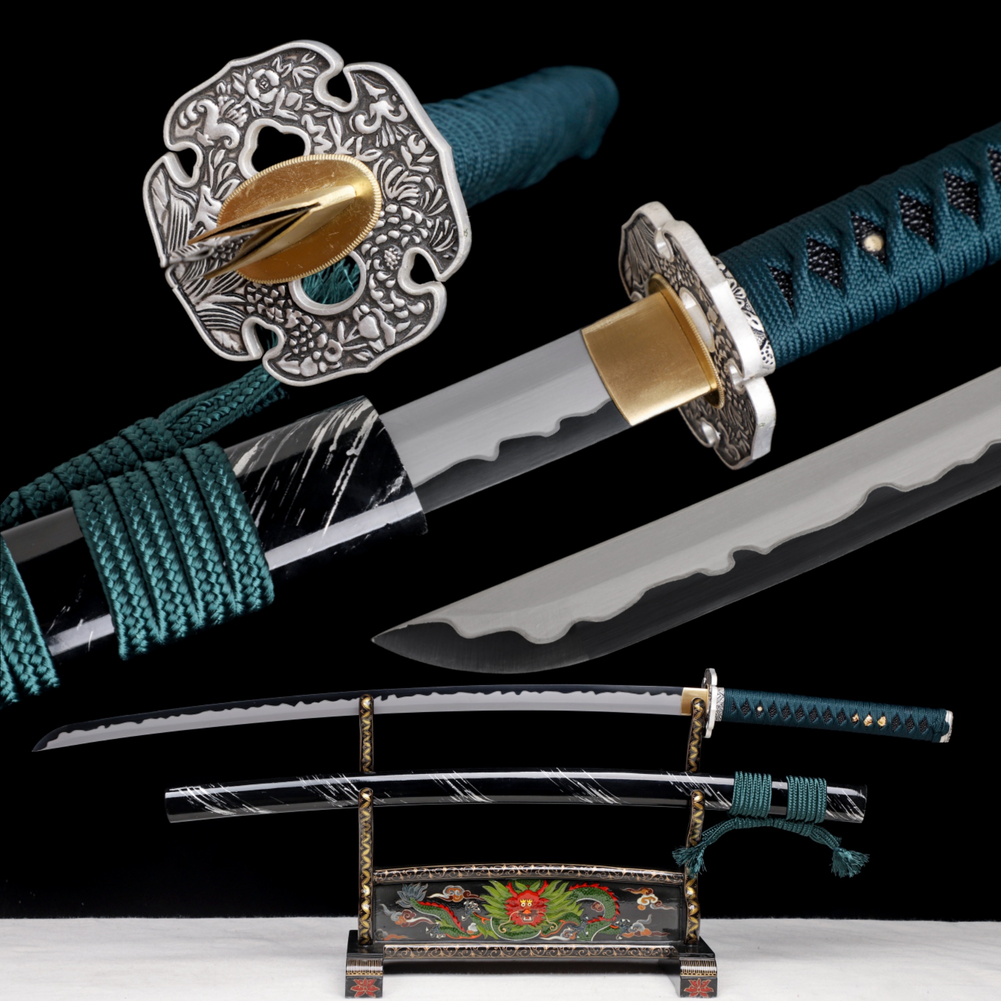 Handmade Katana 9260 Spring Steel Frost Wind Black White Blade Full Tang