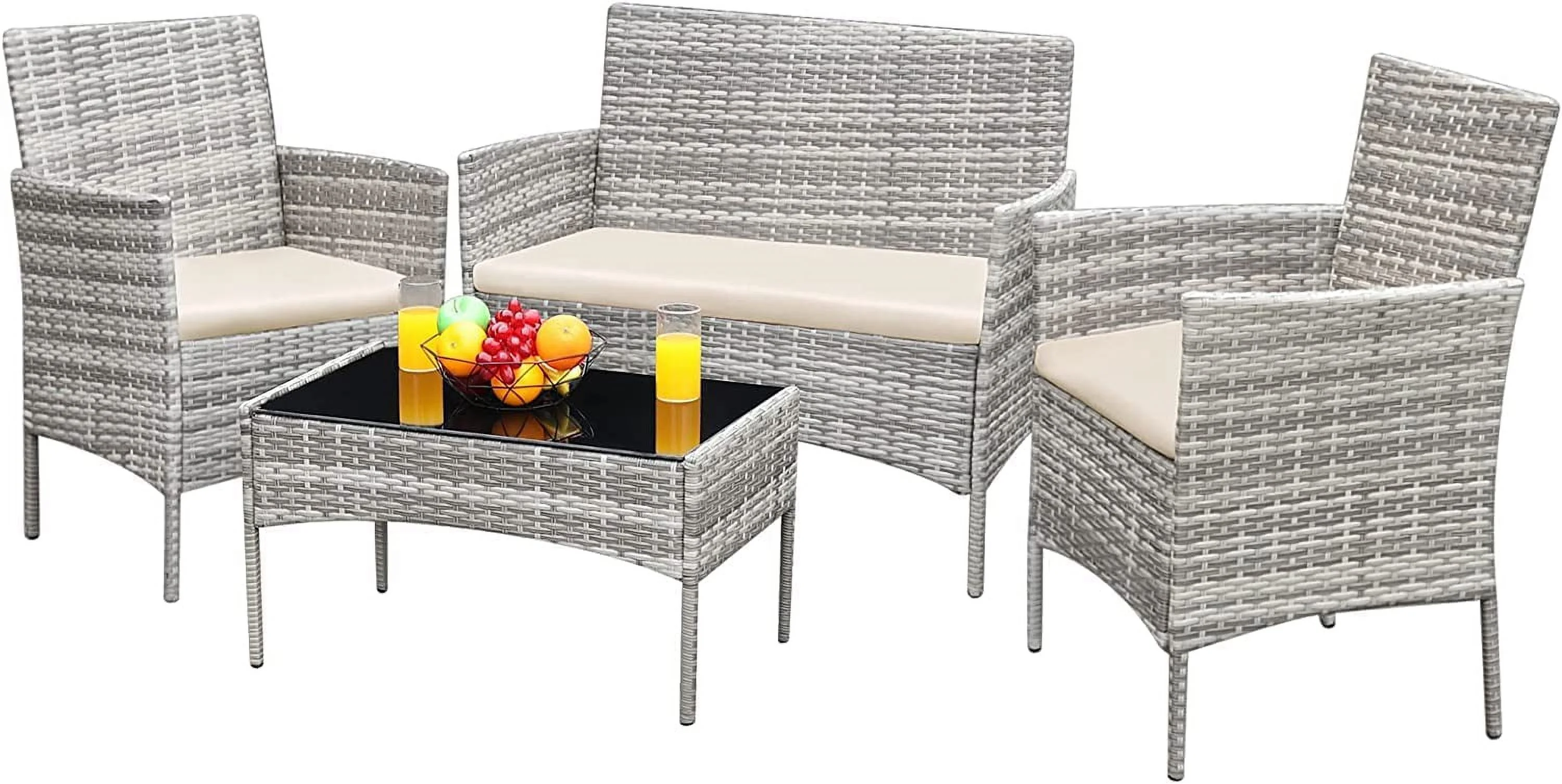 Popular Patio Furniture 4 Pieces Conversation Sets Outdoor Wicker Rattan Chairs Garden Backyard Balcony Porch Poolside loveseat with Soft Cushion and Glass Table  Brown and Beige