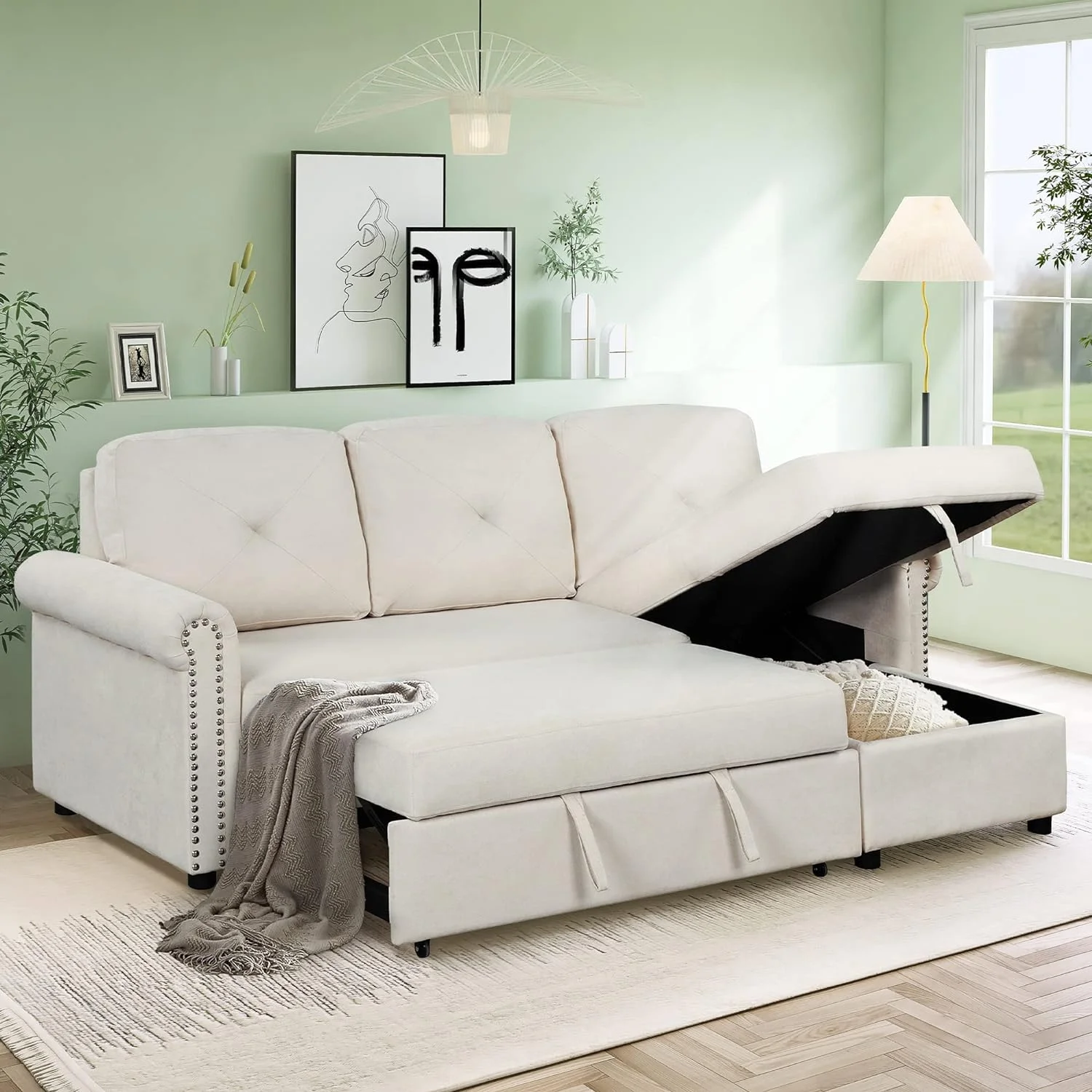 Convertible Pull-Out Sleeper Sofa Bed W/Storage Chaise Lounge, L-Shape 3-Seat Linen Corner Sofa Couch With Button Tufted Design And Copper Nailhead Trim (Beige)