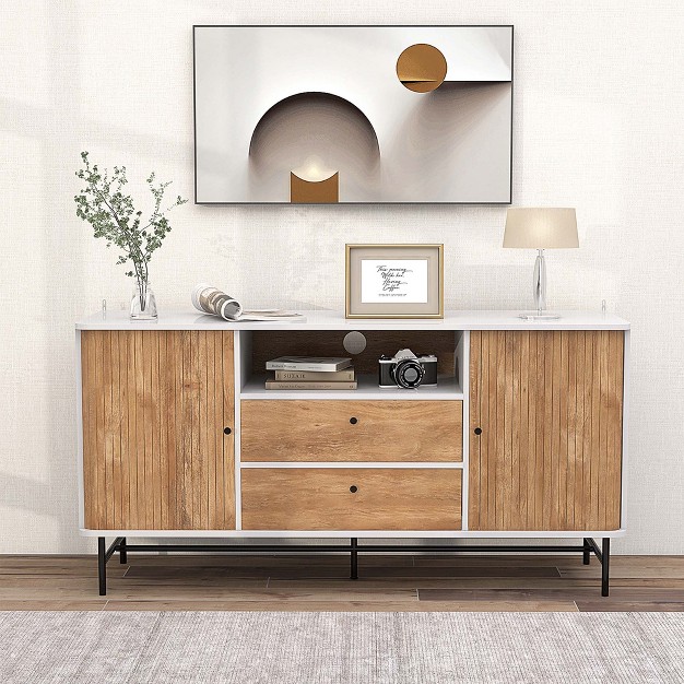 Costway Buffet Sideboard Versatile Tv Stand With Sliding Tambour Doors amp 2 Storage Drawers