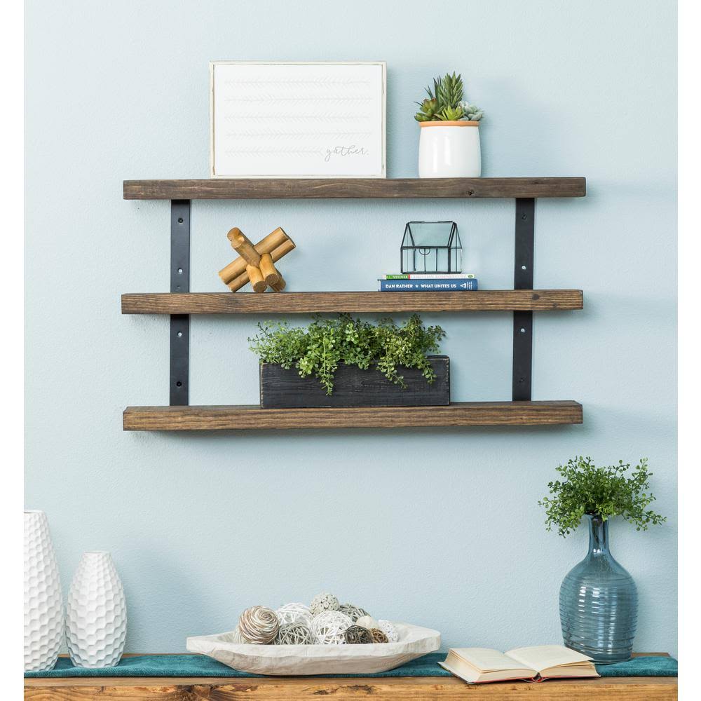 Del Hutson Designs Dark Walnut 36Inch Industrial 3-Tier Floating Shelf, Brown