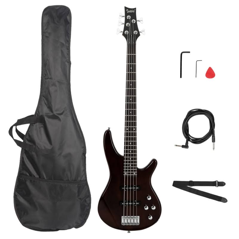Glarry Gib Electric 5 String Bass Guitar Full Size SS Pick-Up Brown
