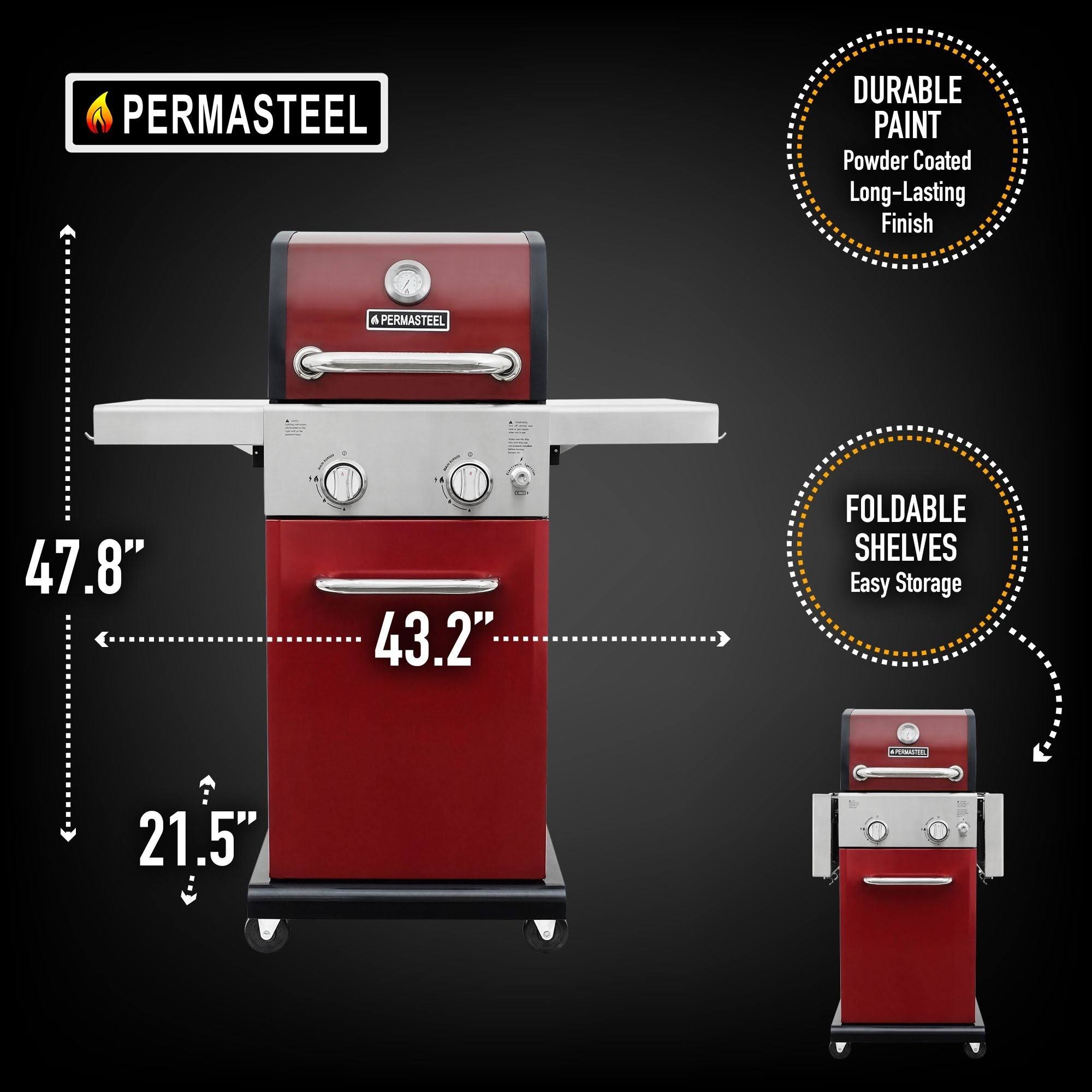 Permasteel 2 Burner Grill with Folding Side Shelves - Red