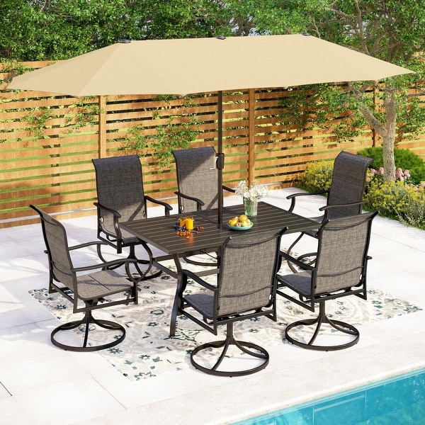 MAISON ARTS 7/8 Pieces Patio Dining Set,Rectangular Black Metal Table with 6 Padded Textilene Fabric Swivel Chairs