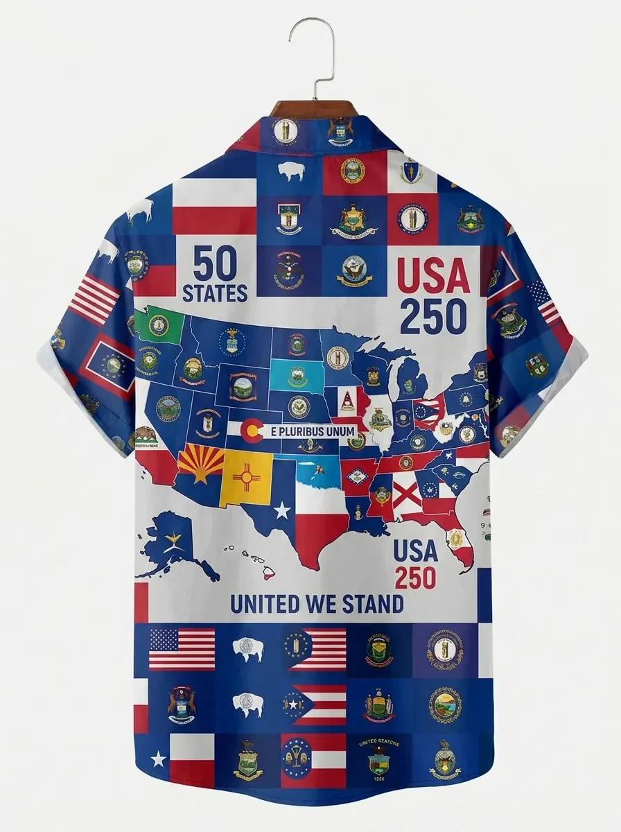 Men's printed shirts, USA 50 States Map & Flag Patriotic Hawaiian Shirt