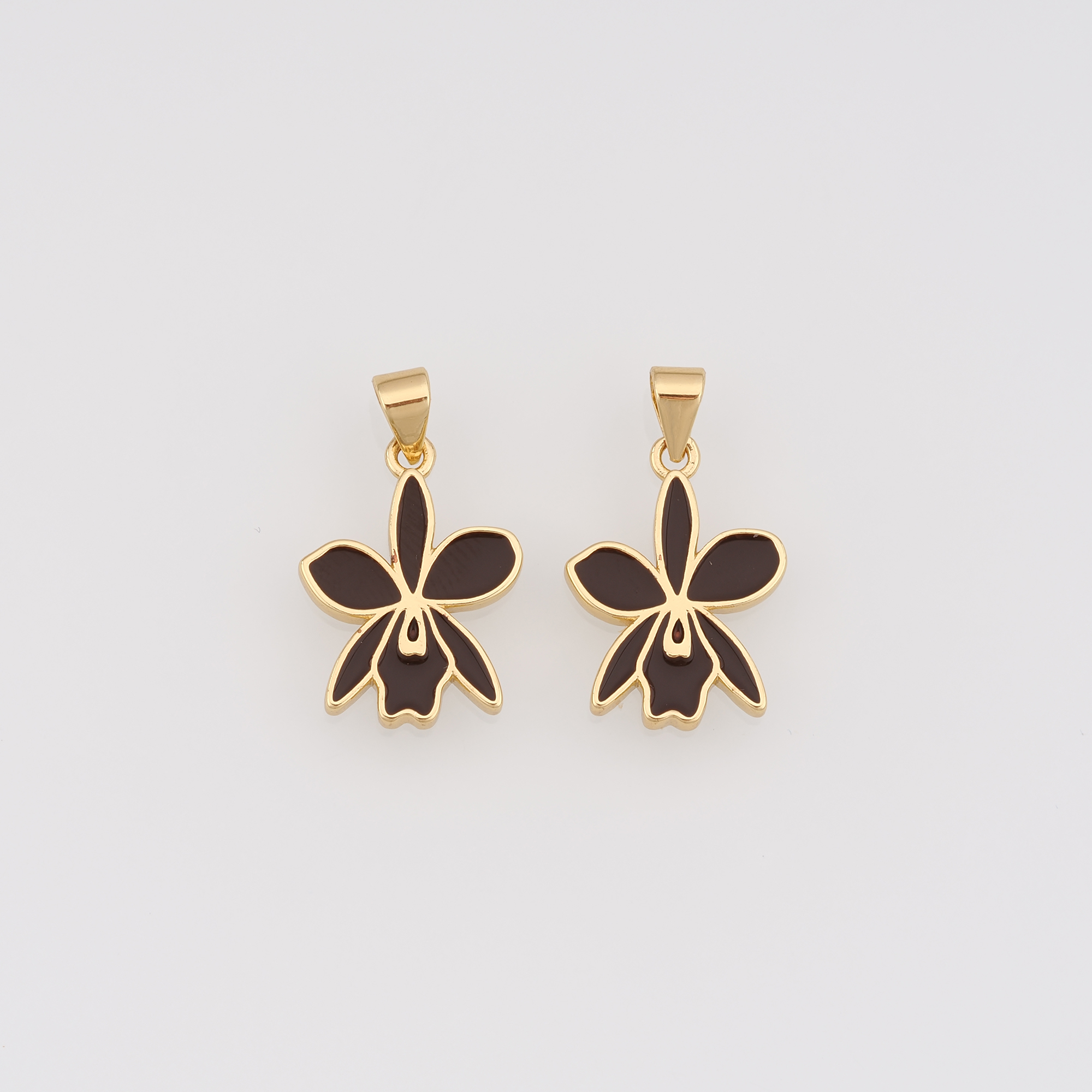 18K Gold Filled Orchid Pendant,Enamel Orchid Flower Charm Earrings Necklace for DIY Jewelry Making Supply