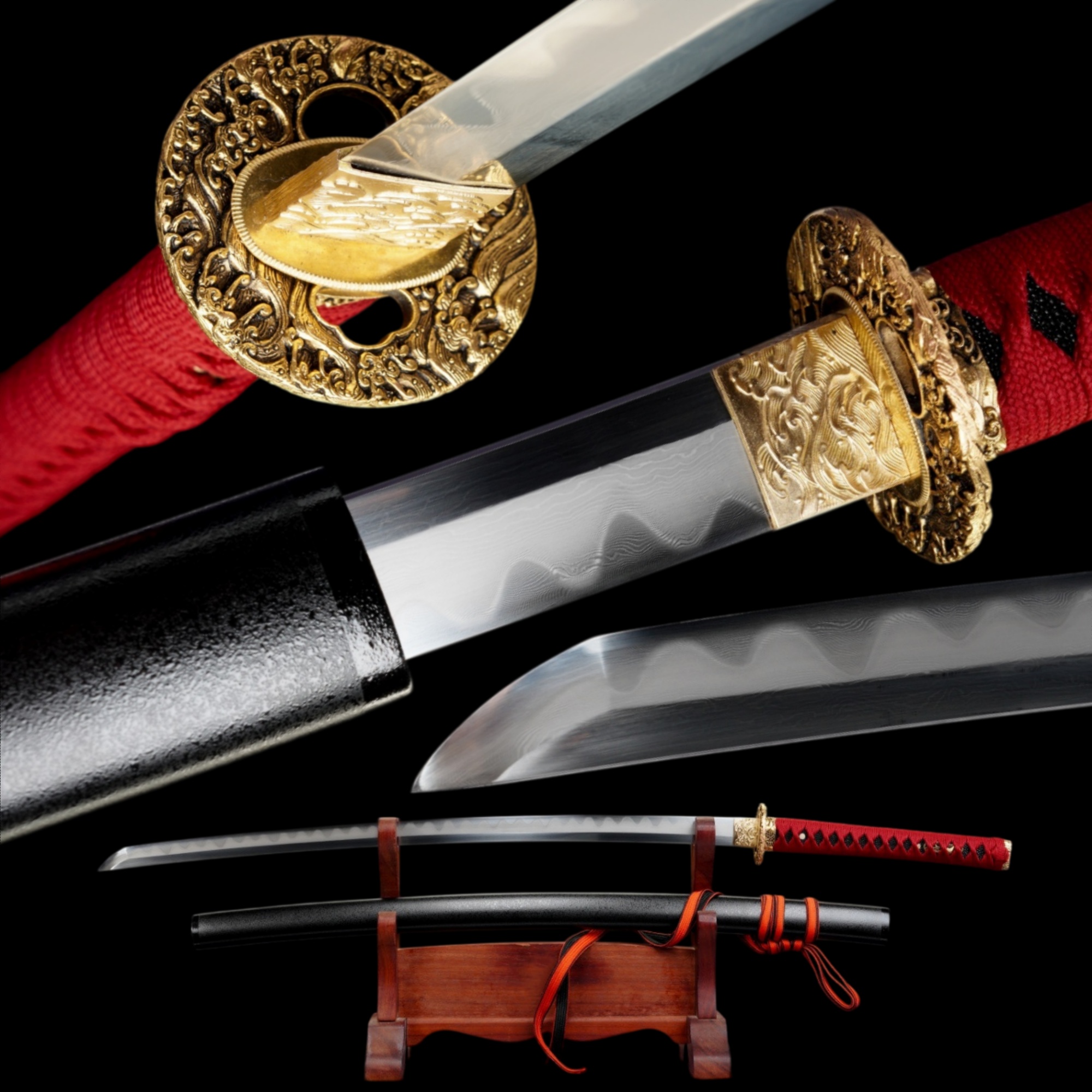 Japanese Katana Golden Wave Hand Forged Damascus Steel Clay Tempered Full Tang