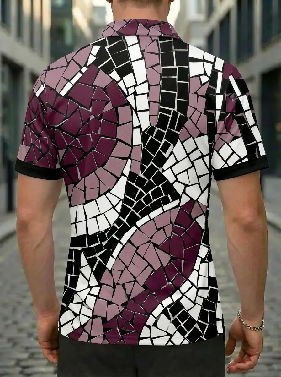 Moisture Wicking Golf Polo 3D Burgundy Black White Mosaic Tile Button Short Sleeve Golf Polo Shirt