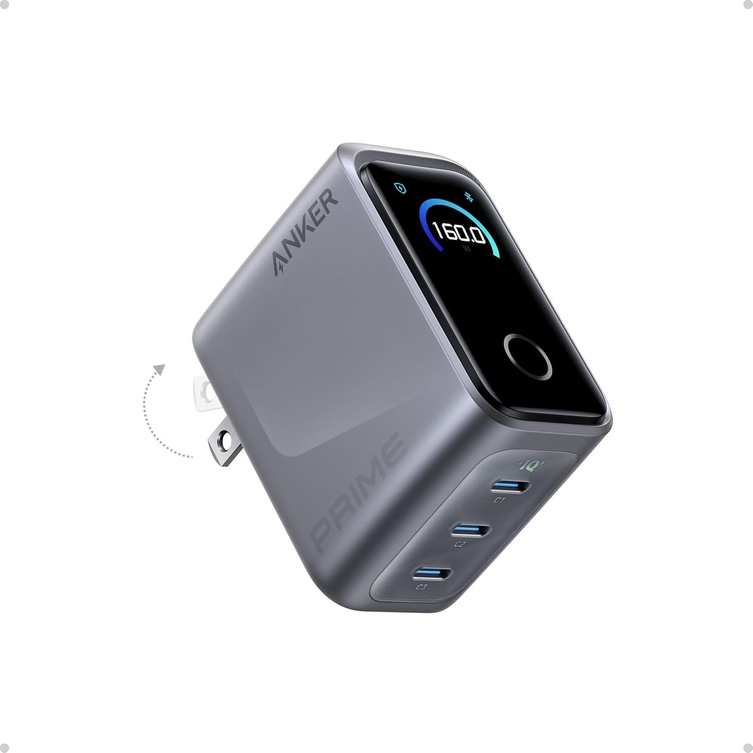 160W 3-Port Compact GaN USB C Charger Block,Smart Display and Touch Control,Up to 140W Single‐Port Charging(Cable Not Included,Non-Battery)