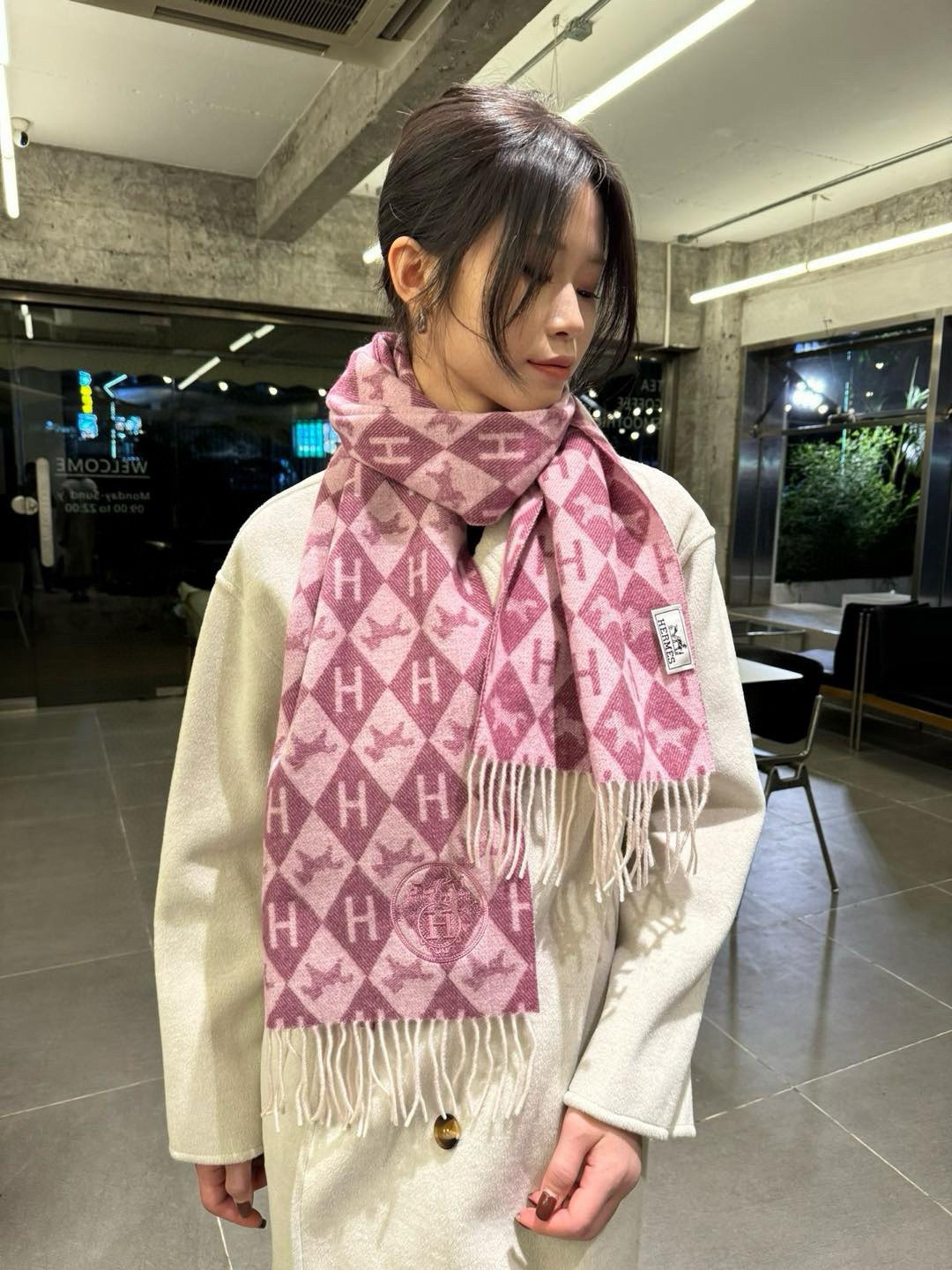 Hermes Diamond H Cashmere Scarf Burgundy For Women 180cm