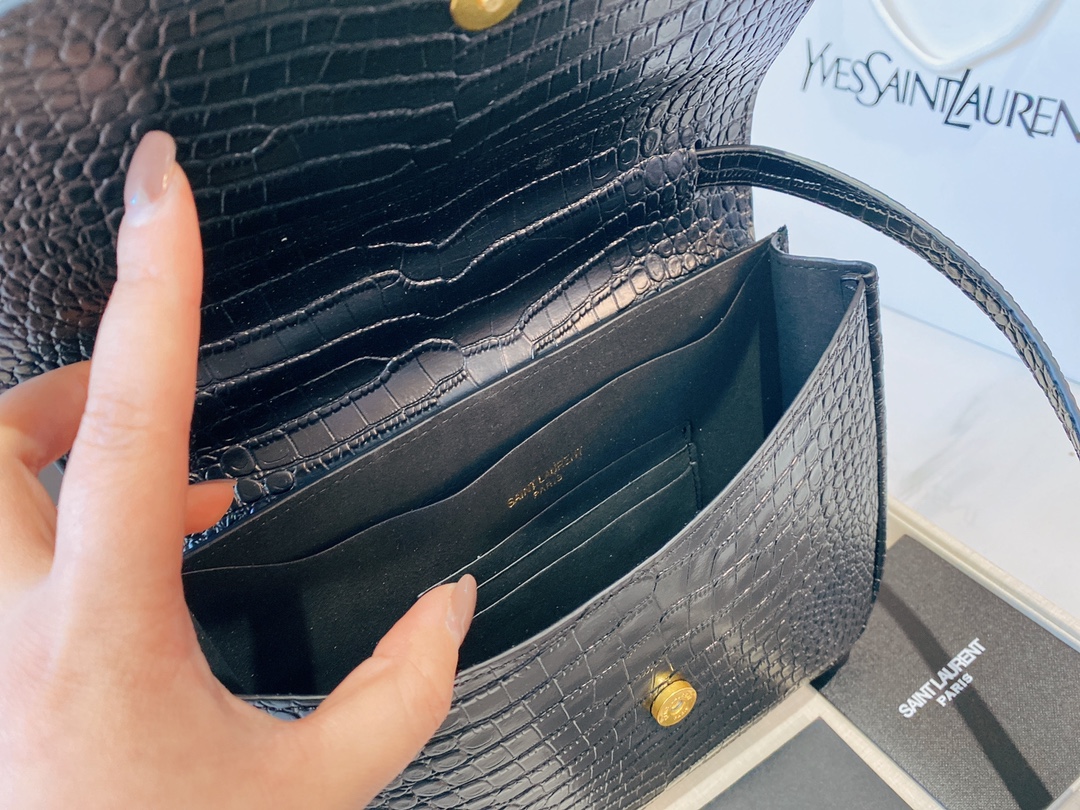 Saint Laurent Kaia Medidum Embossed Leather Black Gold Bag 23Cm