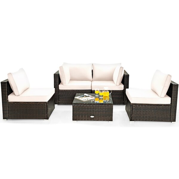 Costway 5PCS Patio Rattan Furniture Set Cushioned Sofa and Chair Coffee