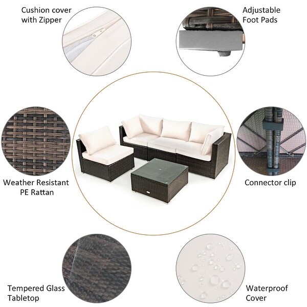 Costway 5PCS Patio Rattan Furniture Set Cushioned Sofa and Chair Coffee