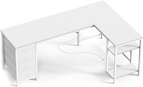 Huuger 63 Inch L Shaped Desk with Fabric Drawers, Reversible Computer Gaming Desk with Power Outlets and USB-C Port, Adjustable Side Storage Shelves, for Work Study Corner Home Office, Black