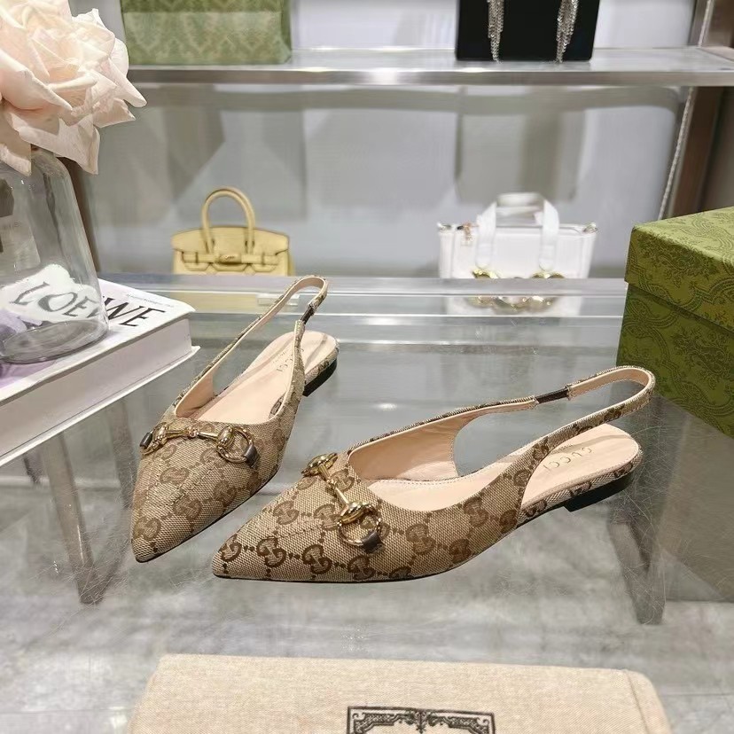Horsebit GG Gucci canvas slingback flats in beige Brown - cnluxepick
