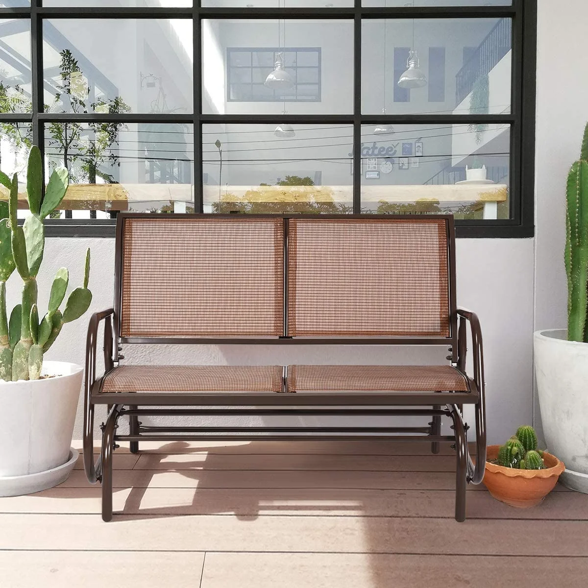 Swing Glider Chair 48 Inch with Spacious Space, 2 People Swing Lounge Glider Chair Cozy Patio Bench Outdoor & Indoor for Patio, Backyard, Poolside, Lawn Steel Rocking Garden Loveseat (Brown)