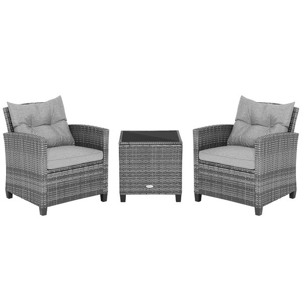 3PCS Patio Rattan Furniture Bistro Set Cushioned Sofas Side Table