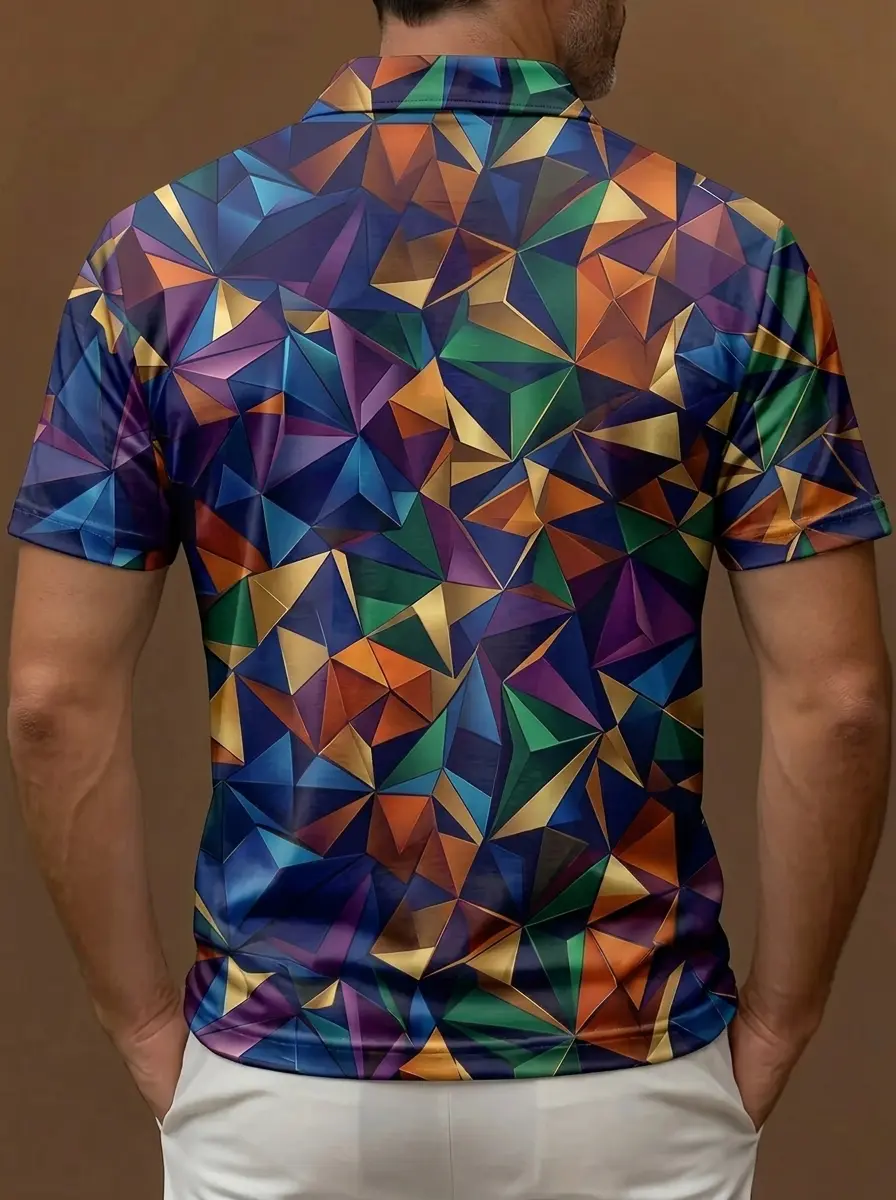Multicolor Geometric Faceted Diamond Print Short Sleeve Golf Polo Shirt