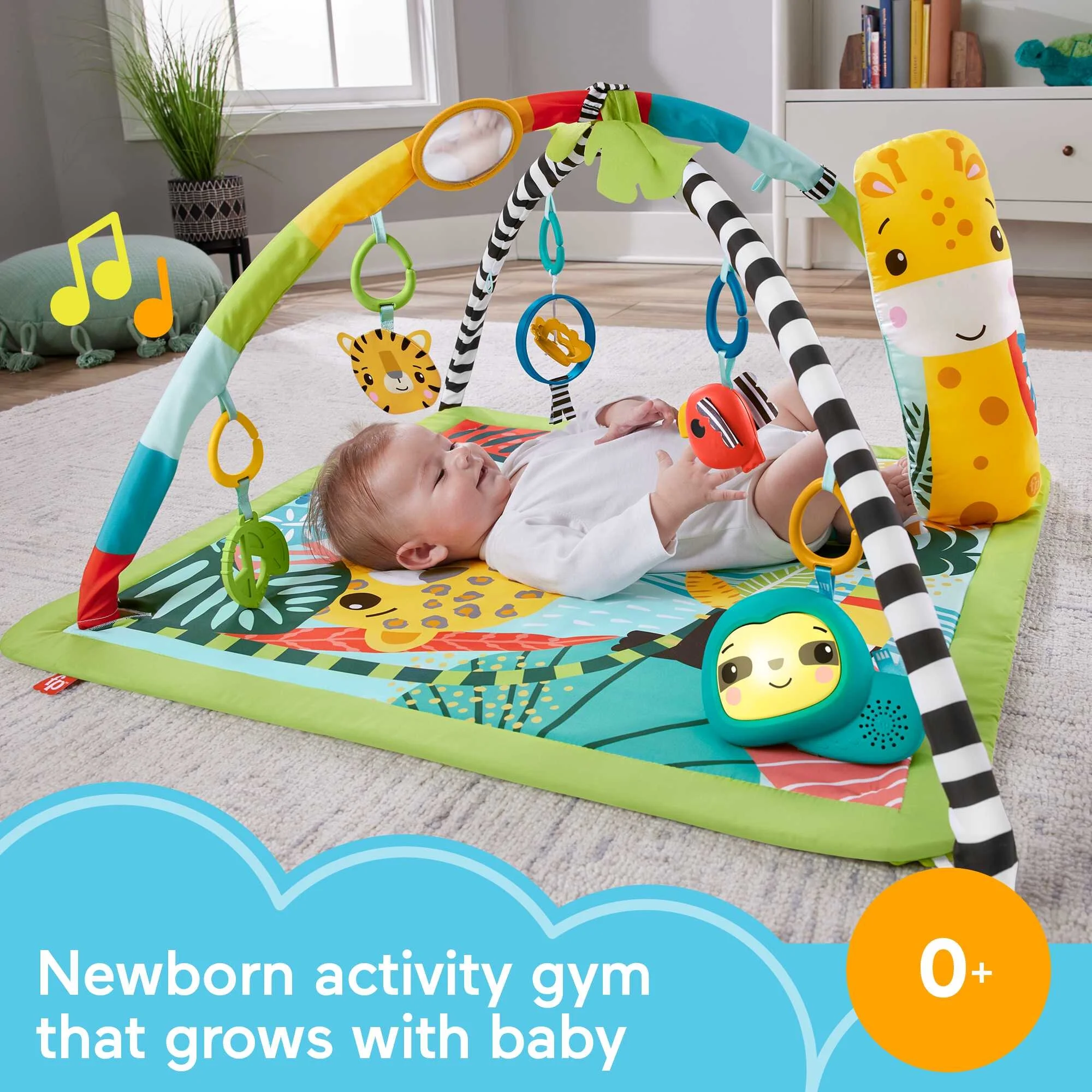 Fisher-Price 3-in-1 Rainforest Sensory Gym Tummy Wedge with 6 Baby Toys Newborn to Toddler