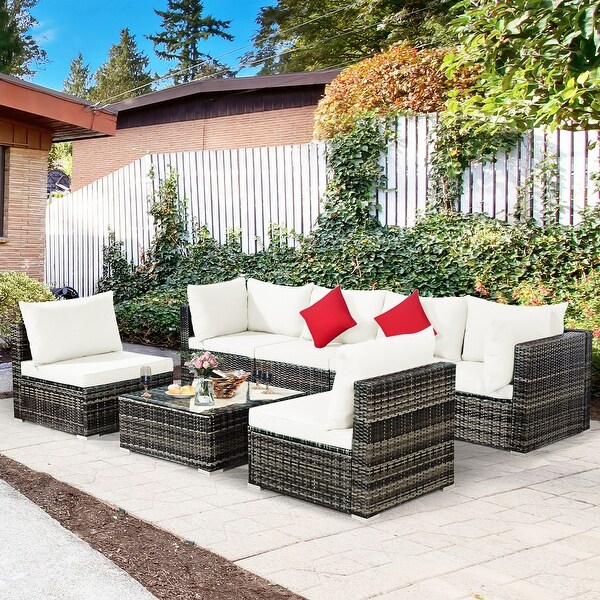 7PCS Patio Rattan Furniture Set Sectional Sofa Garden Cushion