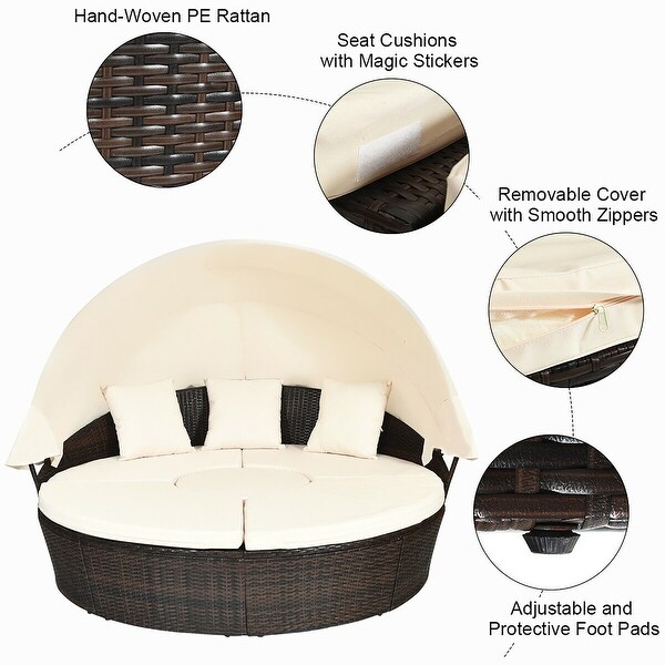 Costway Patio Rattan Daybed Cushioned Sofa Adjustable Table Top Canopy