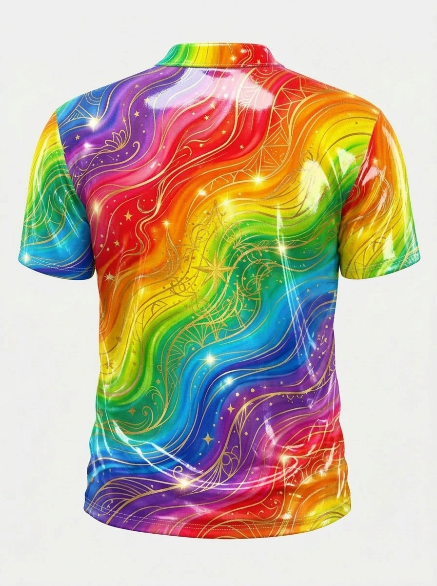 Moisture Wicking Golf Polo 3D Rainbow Gold Swirl Button Short Sleeve Golf Polo Shirt
