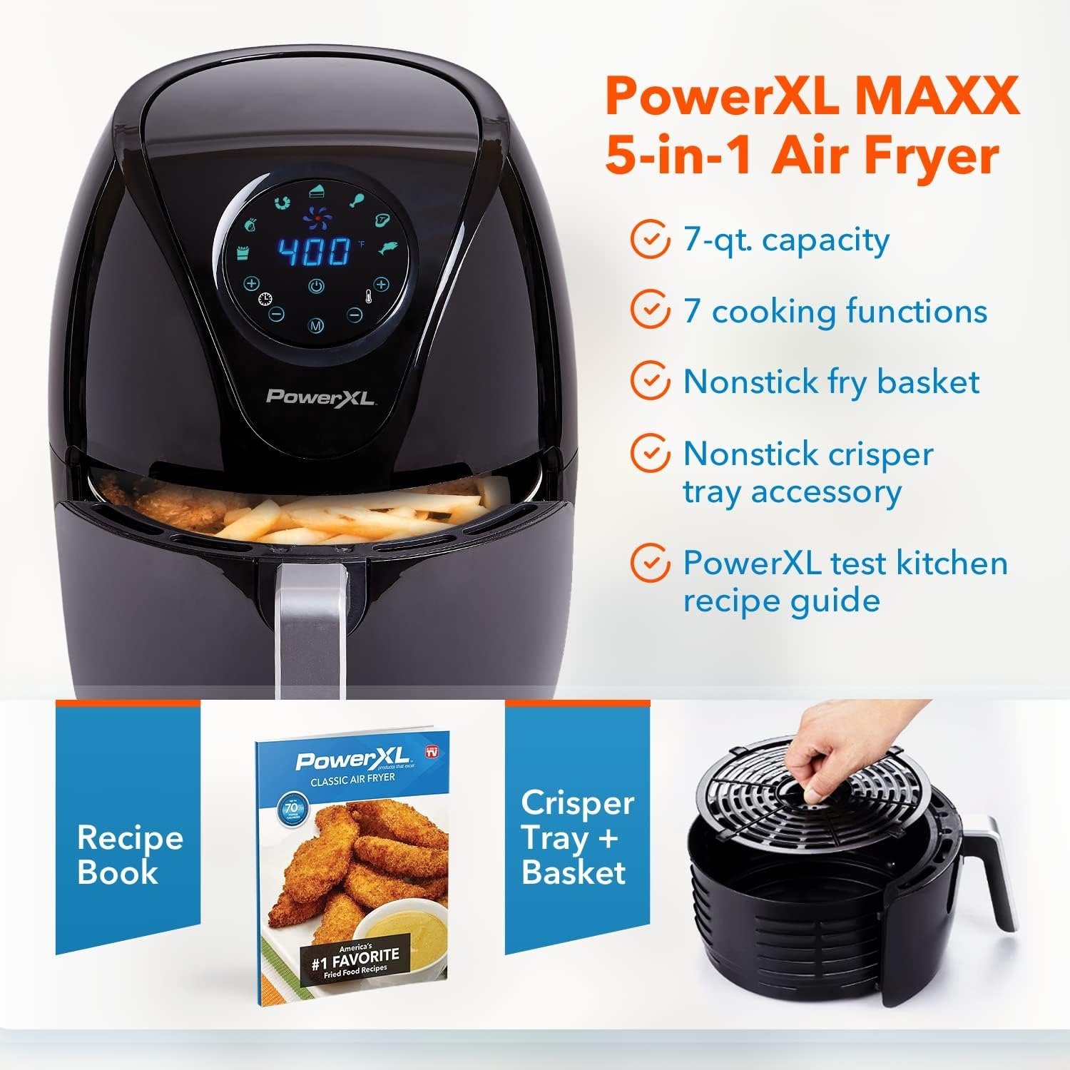 7QT 5-in-1 Extra Hot Air Fryer, 7 Presets, Rapid Air Tech, Nonstick Basket, Black